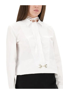 White gucci women’s cotton poplin cropped blouse with tie-neck collar and signature horsebit buckle at hem