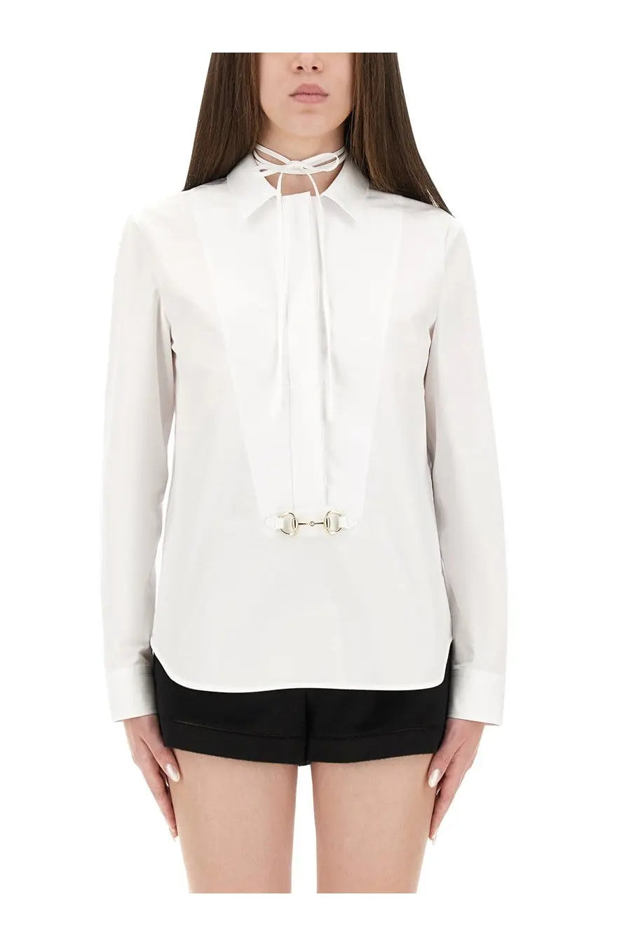 White gucci women cotton poplin shirt with horsebit belt buckle blouse, tie front collar, and long sleeves