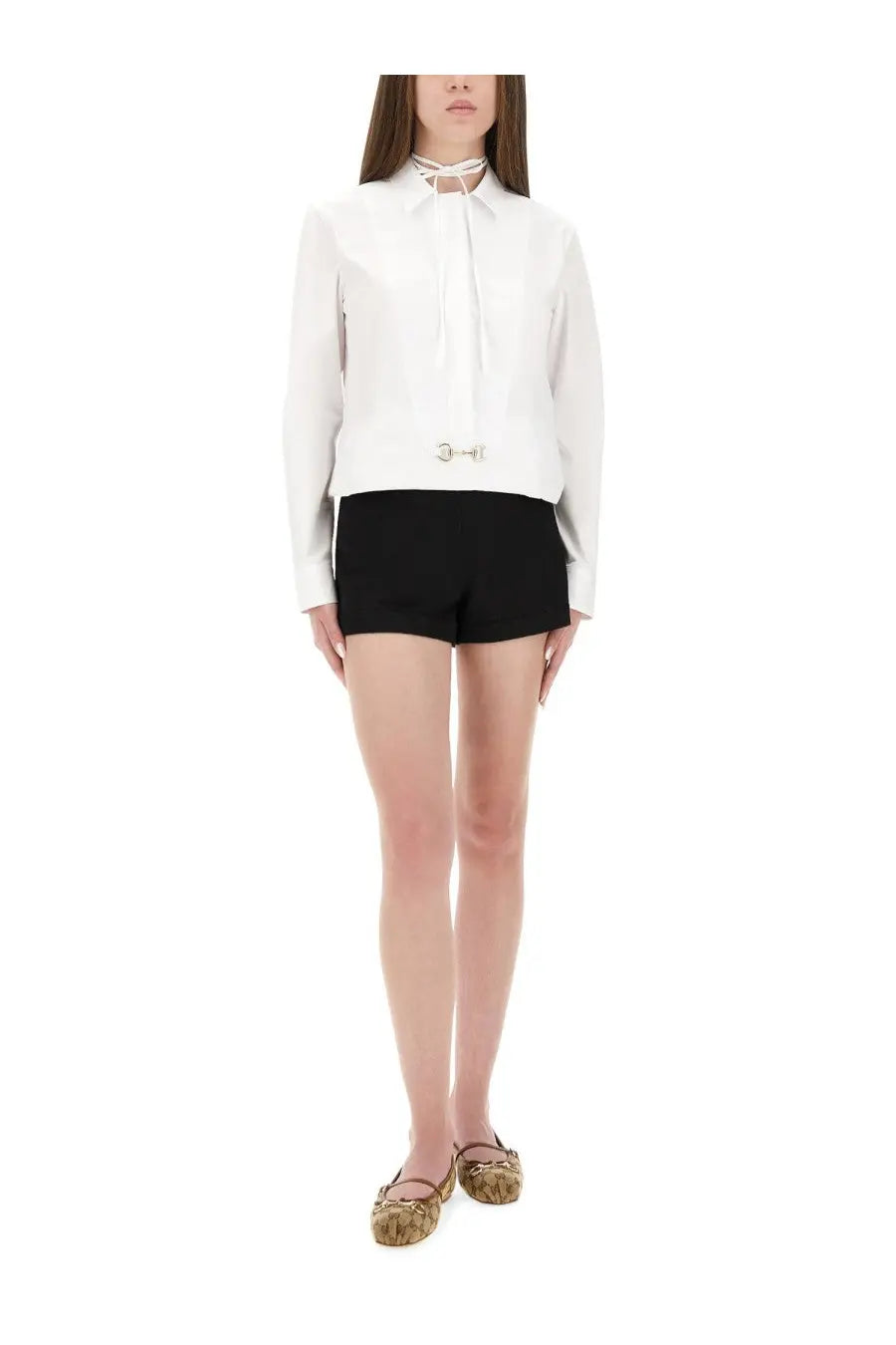 White Gucci cotton poplin shirt with leather tie neck and metallic horsebit buckle at the waist for women