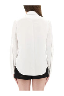 White satin blazer paired with black shorts featuring gucci women’s cotton poplin shirt white front view