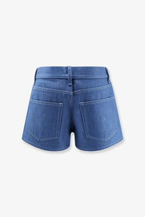 Blue denim Gucci women’s cotton shorts with classic five-pocket design and white stitching in front view