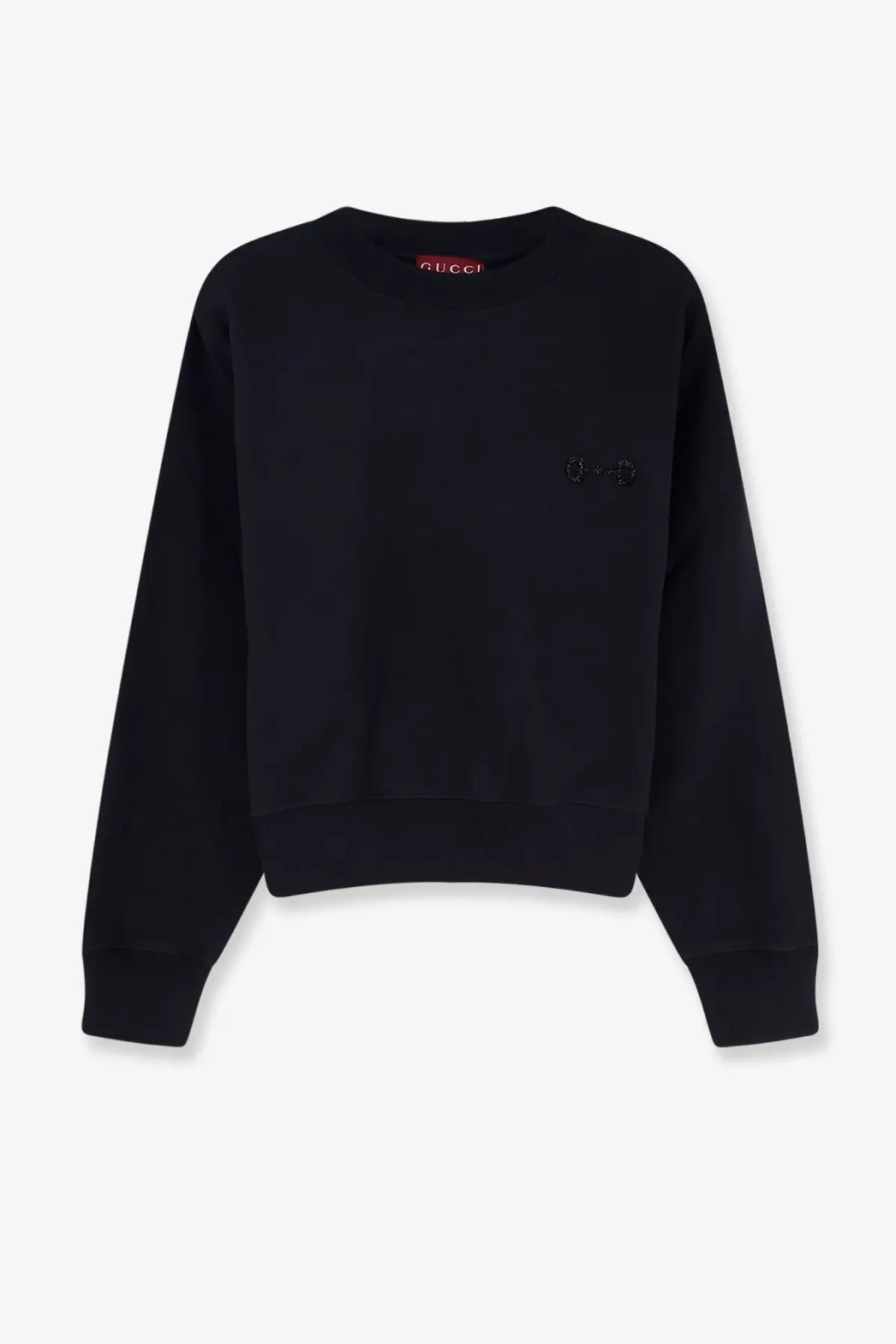 Gucci women’s black cotton sweatshirt with subtle embroidered logo on chest and red brand tag at neckline