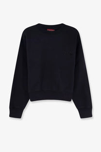 Gucci women’s black cotton sweatshirt with subtle embroidered logo on chest and red brand tag at neckline