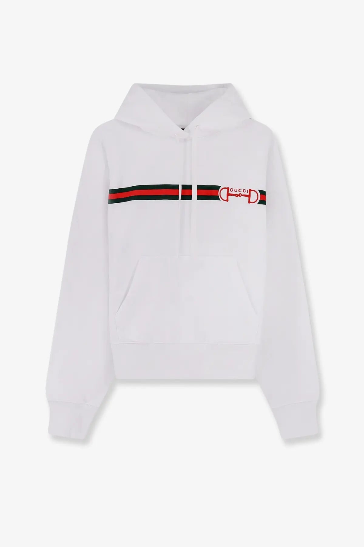 White gucci women’s cotton sweatshirt featuring a bold red and green striped band with embroidered horsebit logo