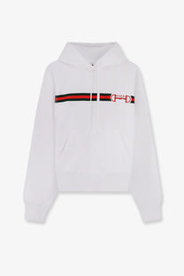 White gucci women’s cotton sweatshirt featuring a bold red and green striped band with embroidered horsebit logo