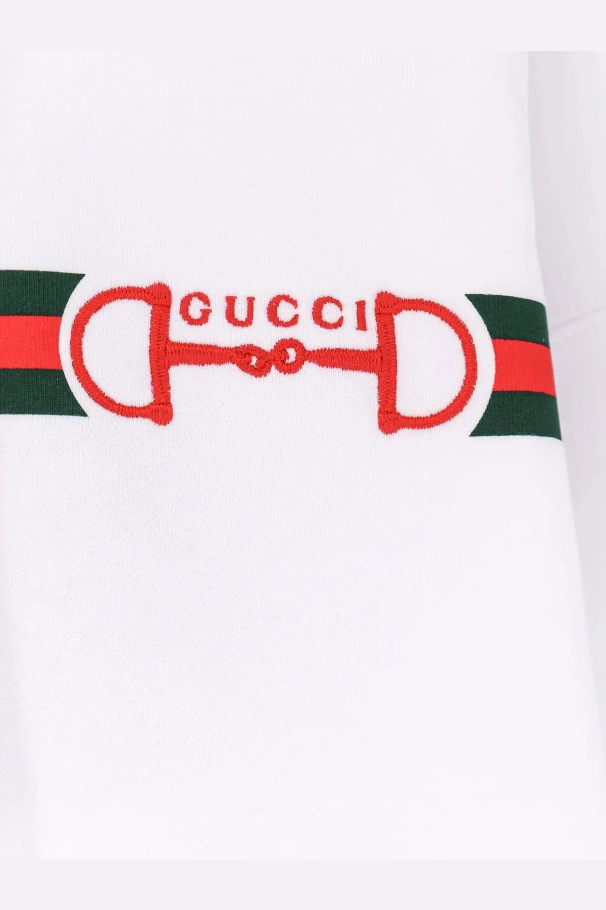 Gucci women’s white cotton sweatshirt with red embroidered horsebit logo and green red striped accents