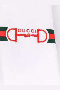 Gucci women’s white cotton sweatshirt with red embroidered horsebit logo and green red striped accents