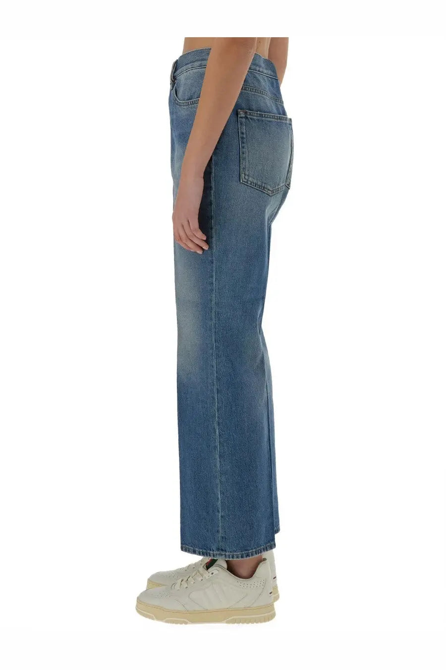 Gucci women’s medium-wash blue denim pants with straight-leg cut and classic five-pocket design
