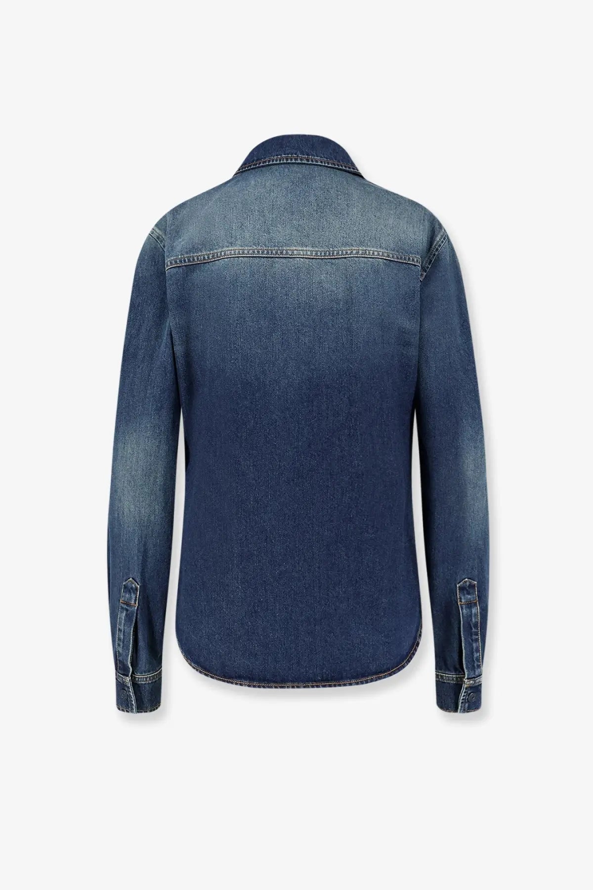 Gucci women’s denim shirt blue classic dark blue with subtle faded wash and visible stitching on seams