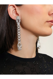 Gucci women’s dionysus silver snake-shaped drop earrings with sparkling crystals and a central dark gemstone