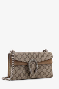 Gucci women’s dionysus medium crossbody bag in beige and brown GG monogram canvas with tan suede trim and silver dragon clasp