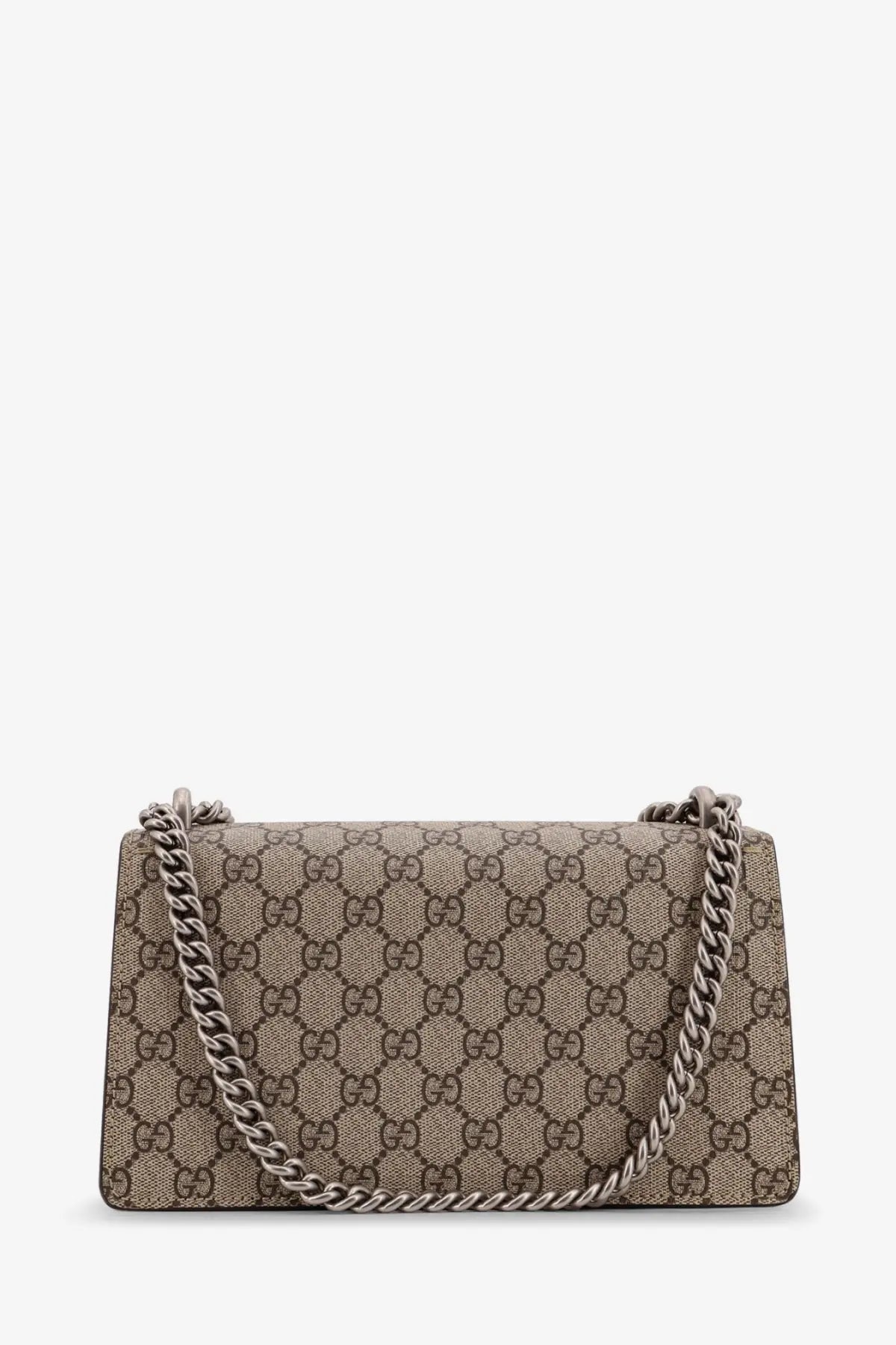 Gucci women’s Dionysus medium beige and brown GG supreme canvas crossbody bag with silver chain strap
