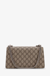 Gucci women’s Dionysus medium beige and brown GG supreme canvas crossbody bag with silver chain strap
