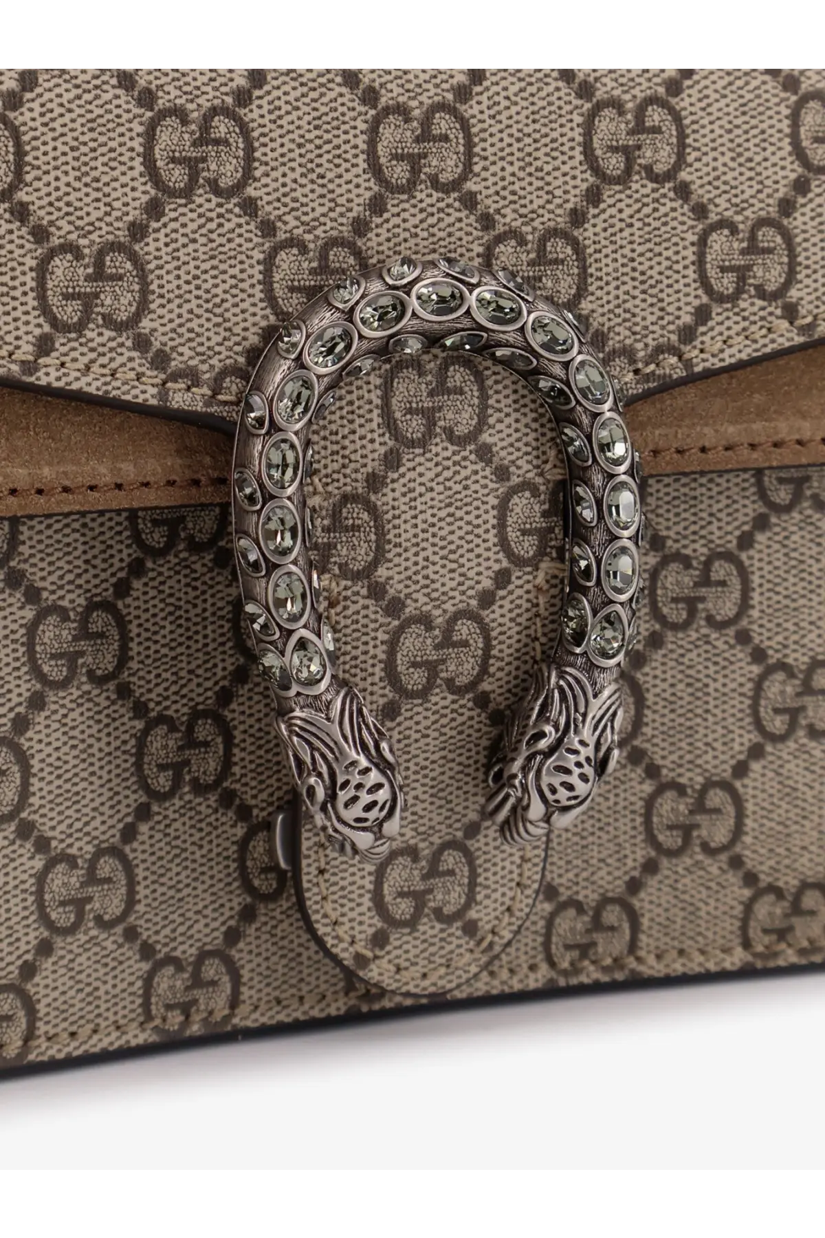 Gucci women’s Dionysus medium GG supreme fabric crossbody bag beige with silver-toned snake clasp and clear crystals