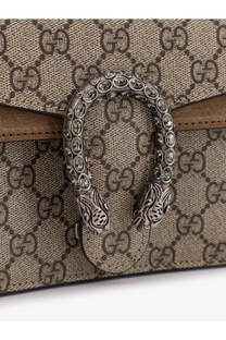 Gucci women’s Dionysus medium GG supreme fabric crossbody bag beige with silver-toned snake clasp and clear crystals