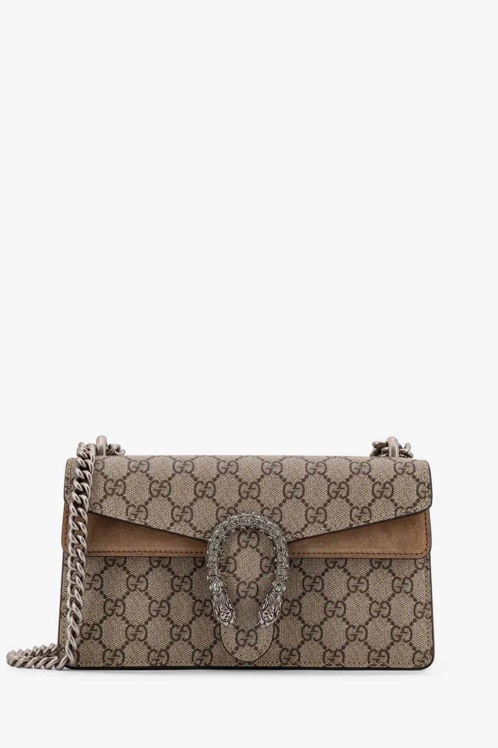 Beige and brown Gucci women’s Dionysus medium crossbody bag with GG monogram canvas suede trim and silver chain strap
