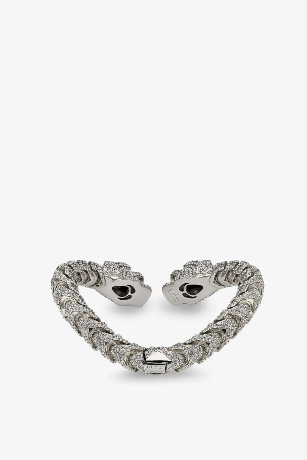 Silver gucci womens dionysus rigid bracelet shaped like a snake with sparkling diamonds and intricate detailing