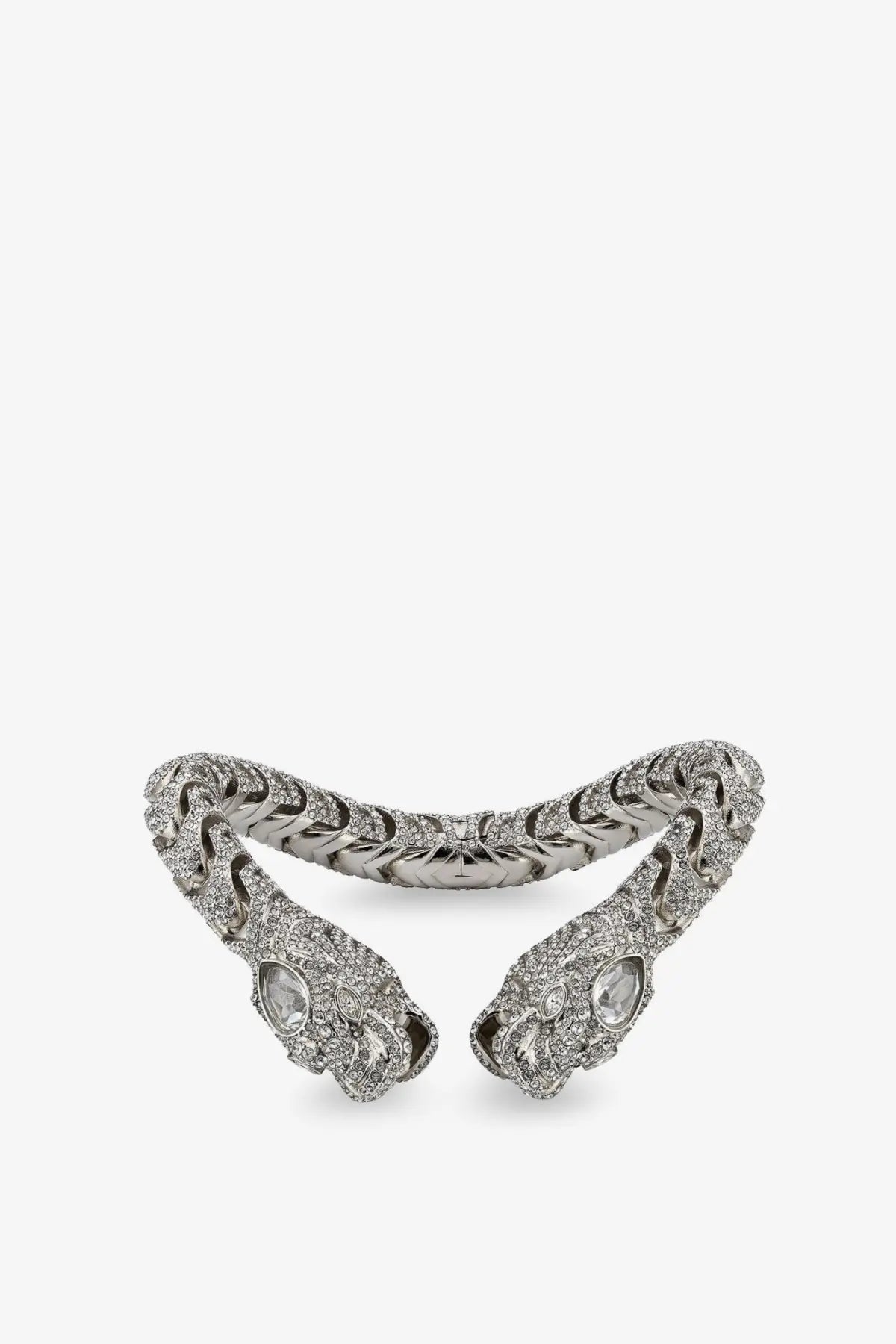 Silver gucci women’s dionysus rigid snake-shaped bangle with intricate diamond detailing and sparkling gemstone eyes