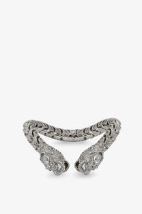 Silver gucci women’s dionysus rigid snake-shaped bangle with intricate diamond detailing and sparkling gemstone eyes