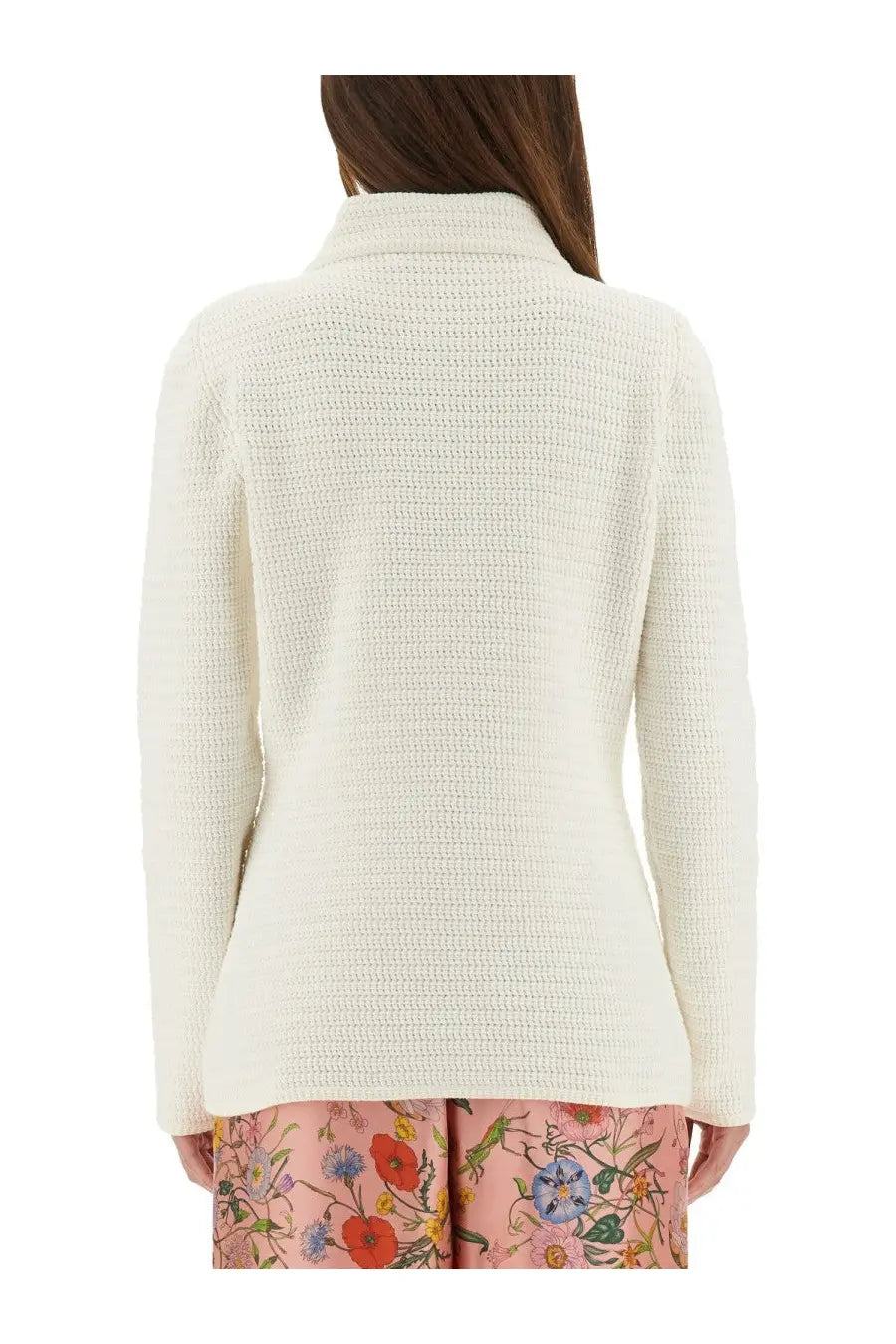 Cream-colored textured knit high collar cardigan with long sleeves made from fine cotton by gucci women