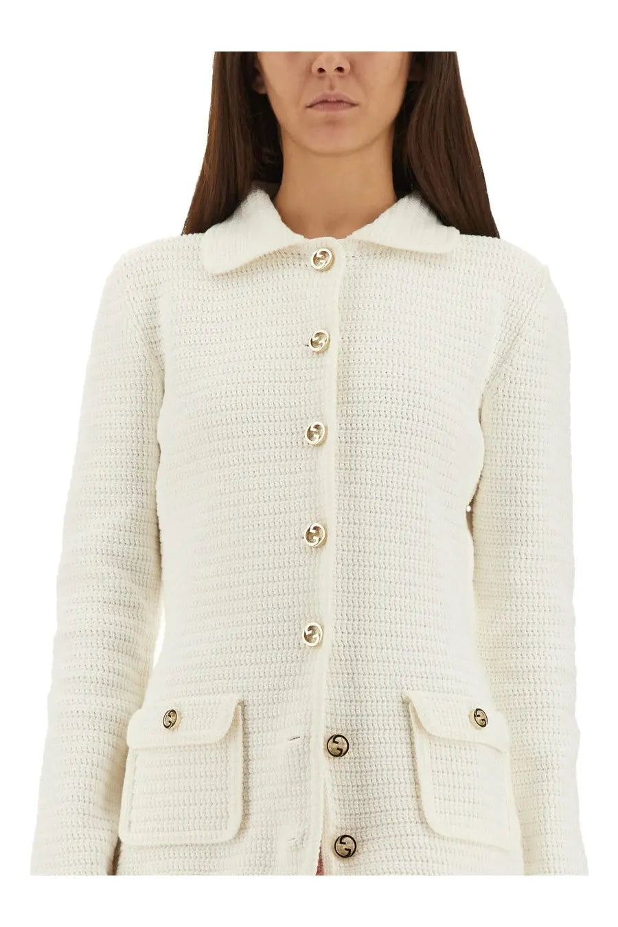 Gucci women’s fine cotton white cardigan with cream-colored tweed fabric classic collar and gold-tone buttons