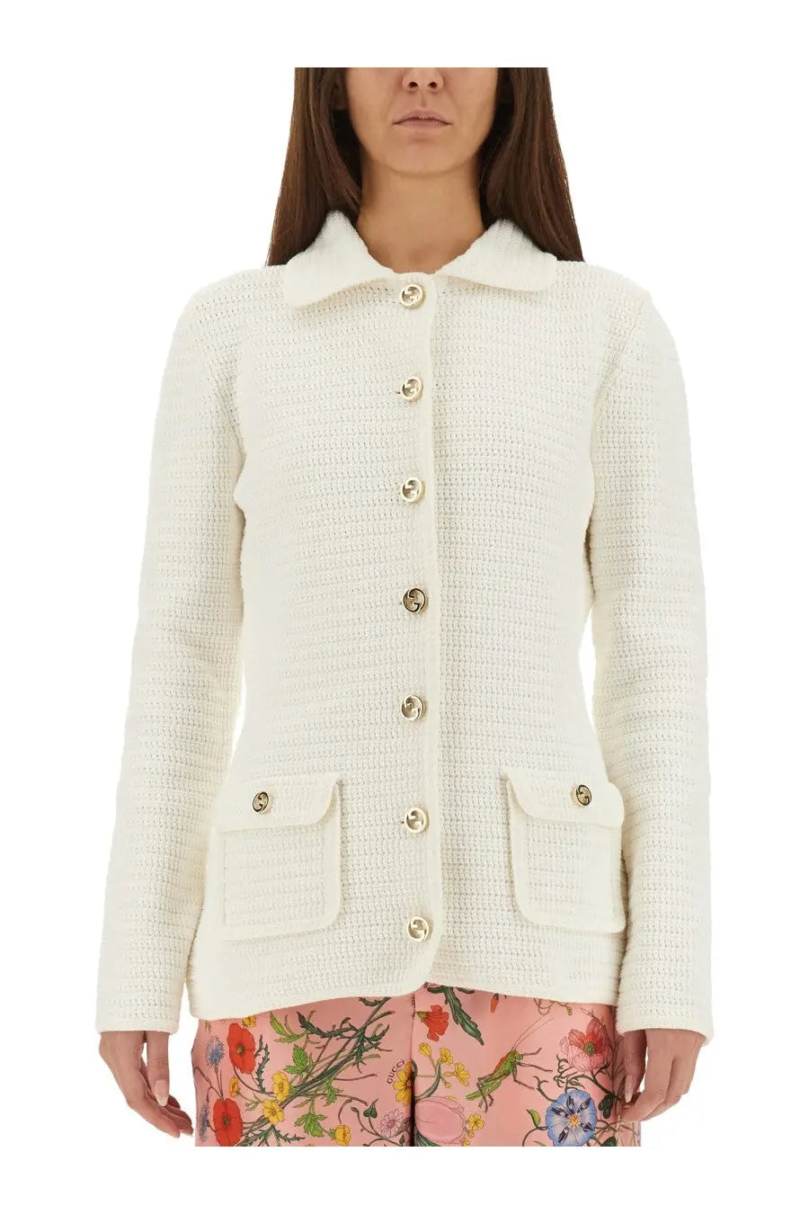 White textured knit Gucci women’s fine cotton cardigan with gold-tone buttons and two front pockets