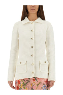 White textured knit Gucci women’s fine cotton cardigan with gold-tone buttons and two front pockets