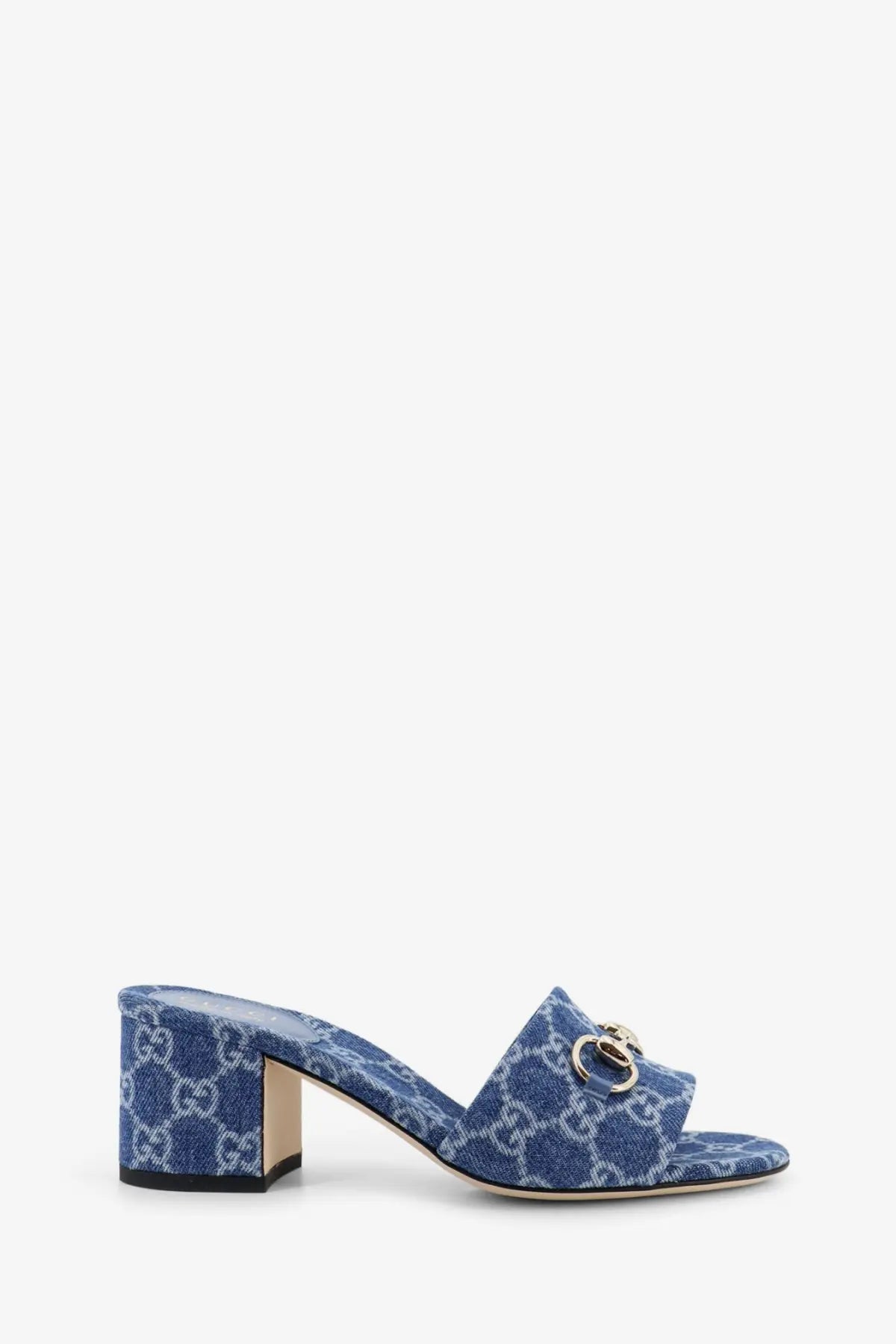 Blue denim slip-on mule sandal with gold-tone horsebit buckle by gucci for women