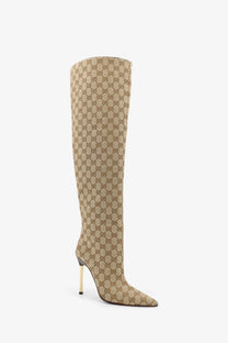 Gucci women’s beige and brown GG fabric cuissardes boots with gold-tone stiletto heel over the knee style