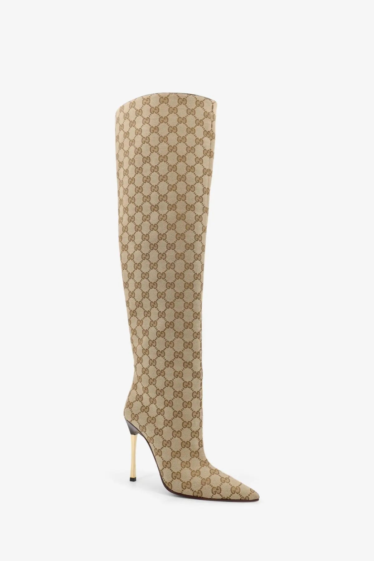 Gucci women’s beige and brown GG fabric cuissardes boots with gold-tone stiletto heel over the knee