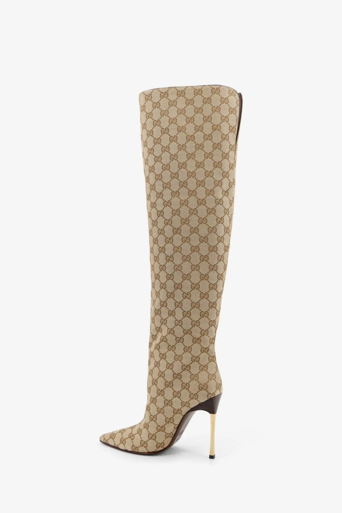 Beige and brown Gucci GG Supreme patterned fabric over-the-knee boot with gold-tone stiletto heel for women