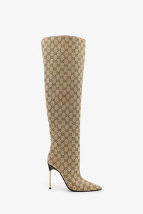 Gucci women’s beige and brown GG fabric cuissardes over-the-knee boots with slender gold-tone heel