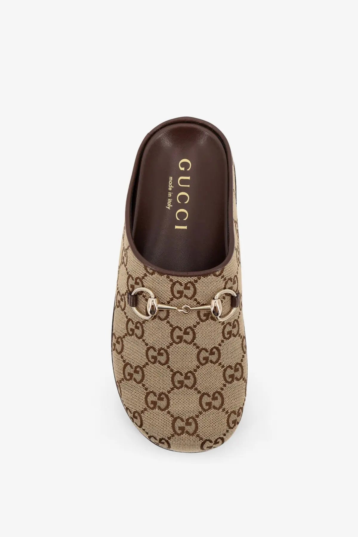 Beige and brown gucci horsebit mule slip-on shoe with signature gg monogram canvas for women