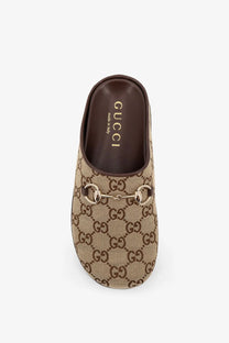 Beige and brown gucci horsebit mule slip-on shoe with signature gg monogram canvas for women