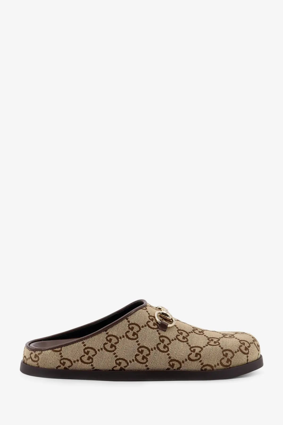Beige and brown Gucci women’s GG fabric sabot slip-on mule with metallic horsebit detail in canvas material