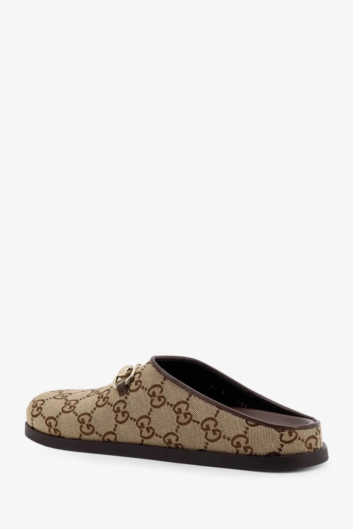 Gucci women’s beige and brown GG fabric sabot mule slip-on shoe with metallic horsebit detail
