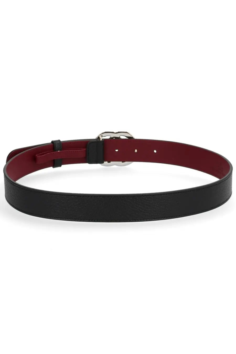 Gucci women’s GG Marmont belt in black leather with burgundy inner lining and silver-toned double G buckle