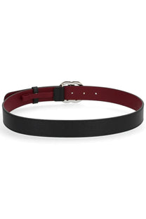 Gucci women’s GG Marmont belt in black leather with burgundy inner lining and silver-toned double G buckle