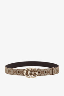 Beige and brown gg supreme patterned gucci women’s gg marmont coated canvas belt with gold-tone double g buckle