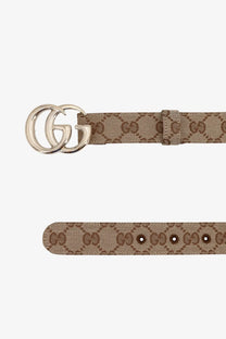 Gucci women’s beige GG Marmont coated canvas belt with tan leather and interlocking GG logo buckle