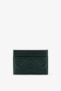 Gucci women’s GG Marmont dark green quilted leather card holder with chevron pattern front view