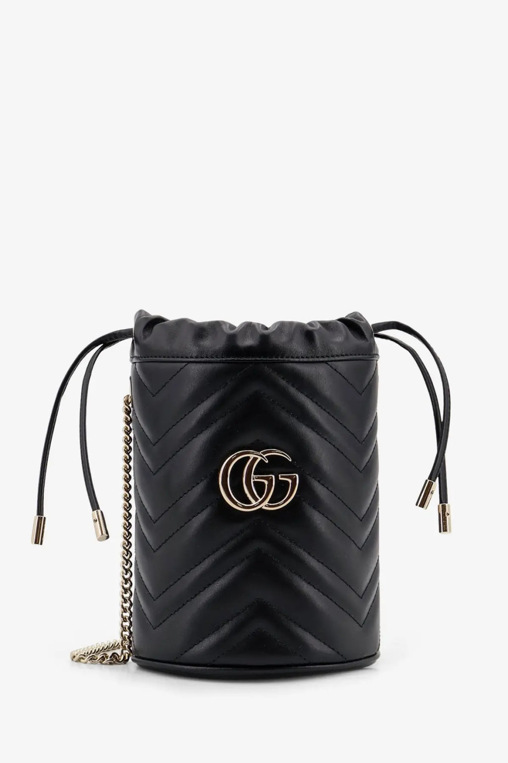 Gucci women’s black quilted leather GG Marmont bucket bag with gold-tone interlocking GG logo and chain strap