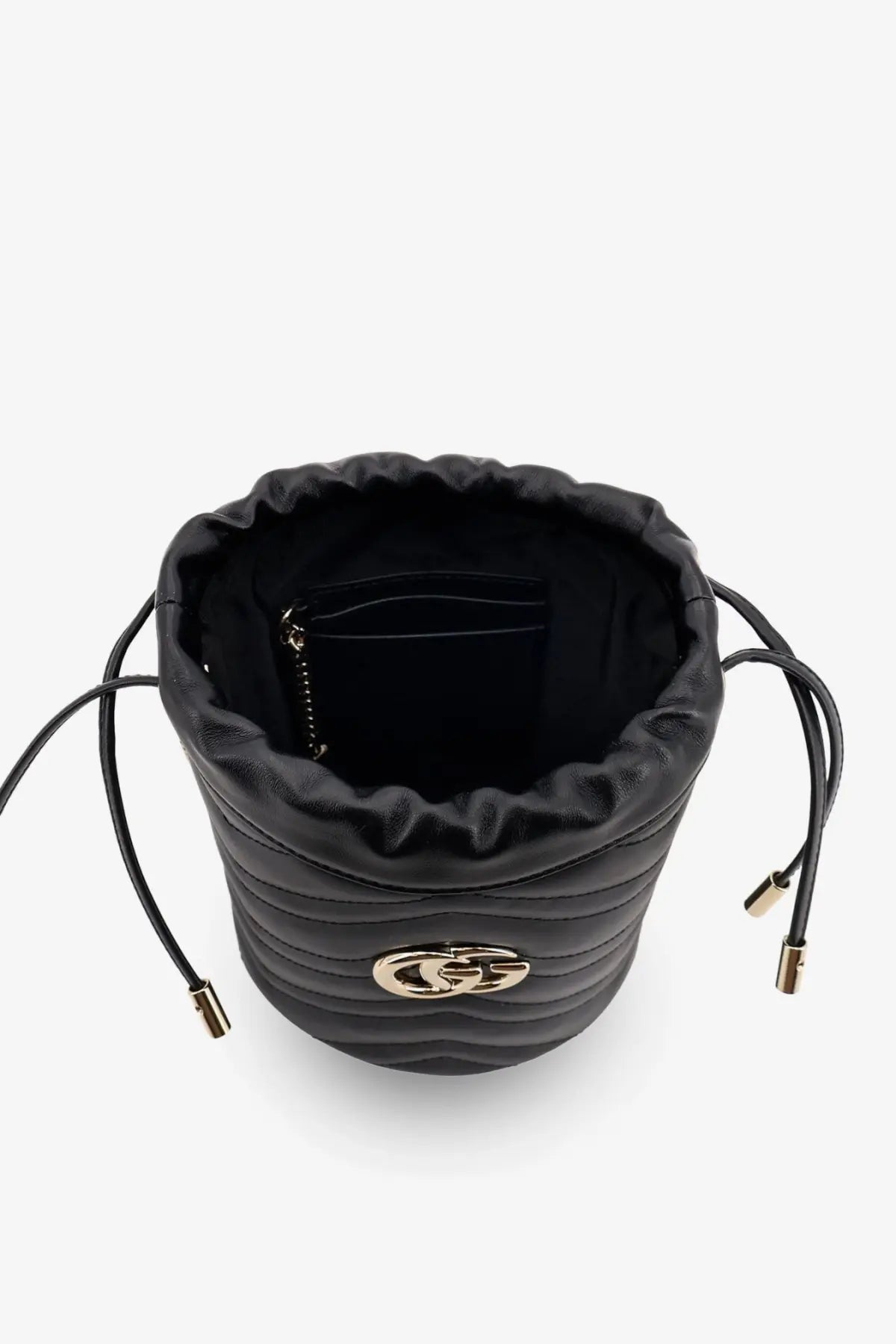 Gucci women’s black quilted leather GG Marmont bucket bag with gold interlocking GG logo and drawstring closure