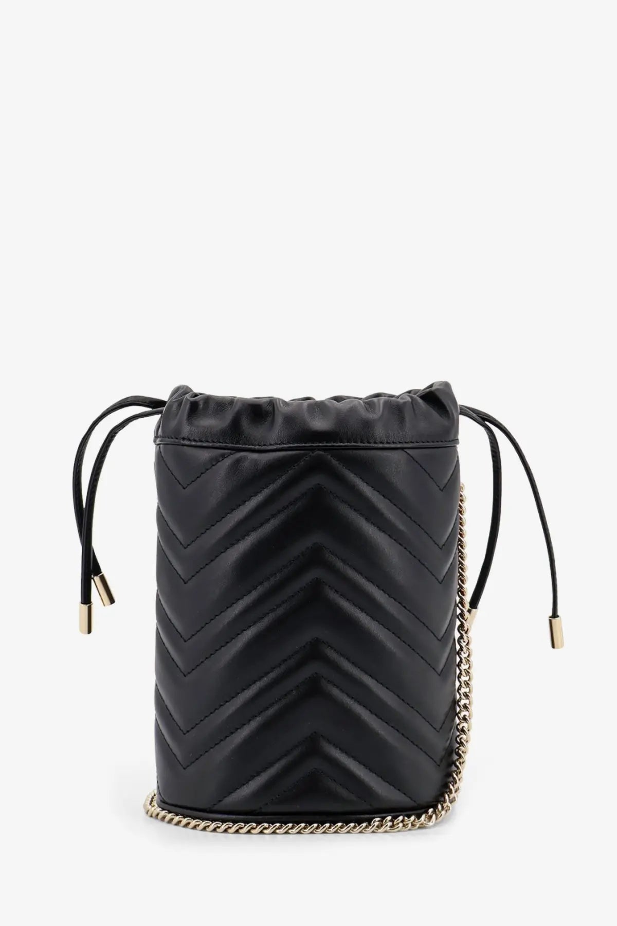 Gucci women’s gg marmont quilted black leather bucket bag with gold chain strap and drawstring closure