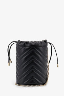 Gucci women’s gg marmont quilted black leather bucket bag with gold chain strap and drawstring closure