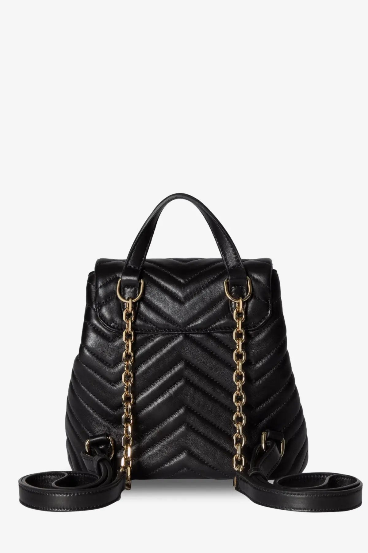 Gucci women’s GG Marmont mini leather backpack in black with quilted design gold-tone chain straps and top handle