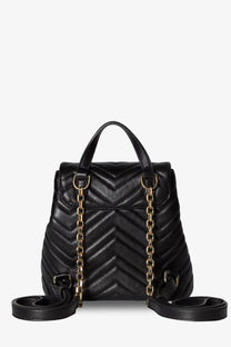 Gucci women’s GG Marmont mini leather backpack in black with quilted design gold-tone chain straps and top handle