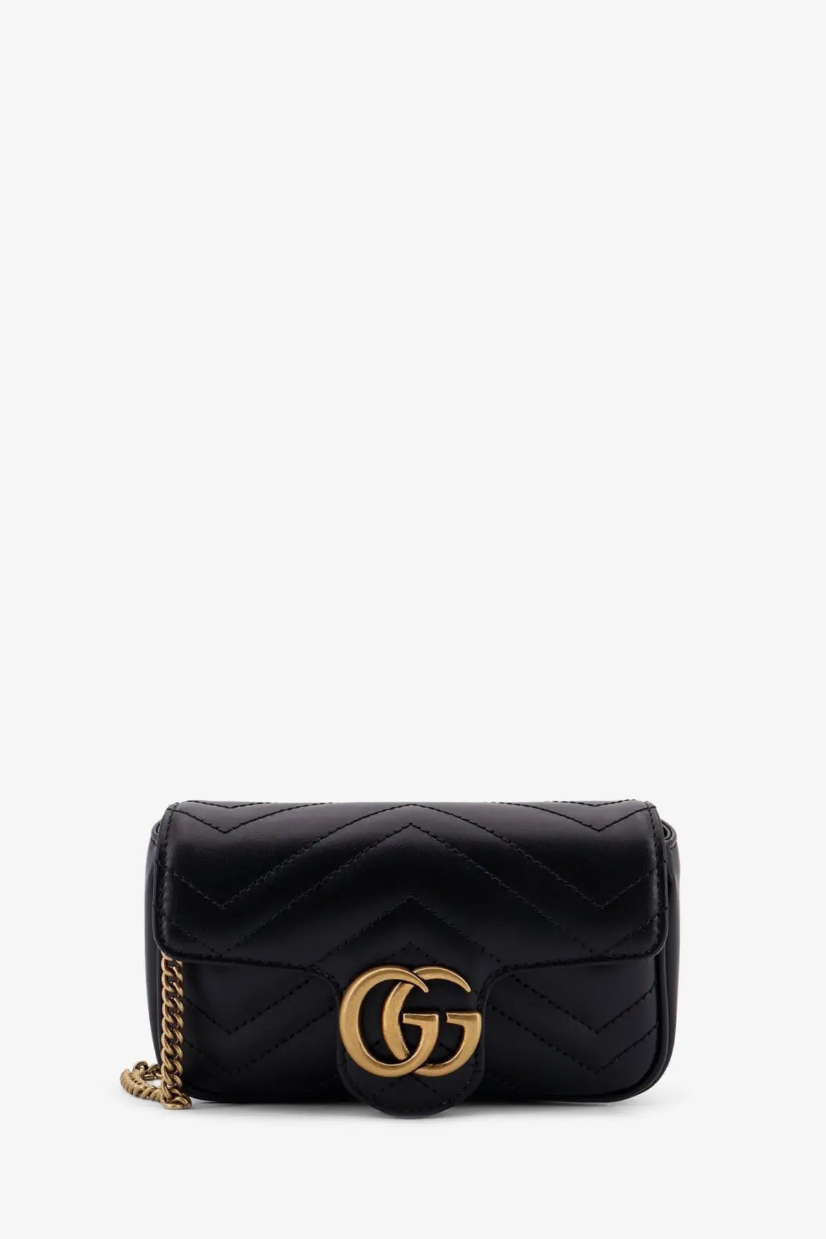 Black quilted leather gucci marmont mini crossbody bag with gold tone interlocking gg logo clasp and chain strap