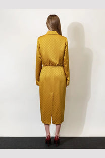 Gucci women’s golden-yellow satin chemisier dress with interlocking gg pattern long sleeves and belted waist