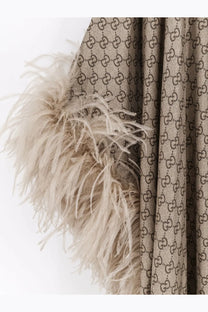 Beige Gucci womens coat with brown interlocking GG silk pattern and feathered trim from GG silk Kaftano dress collection